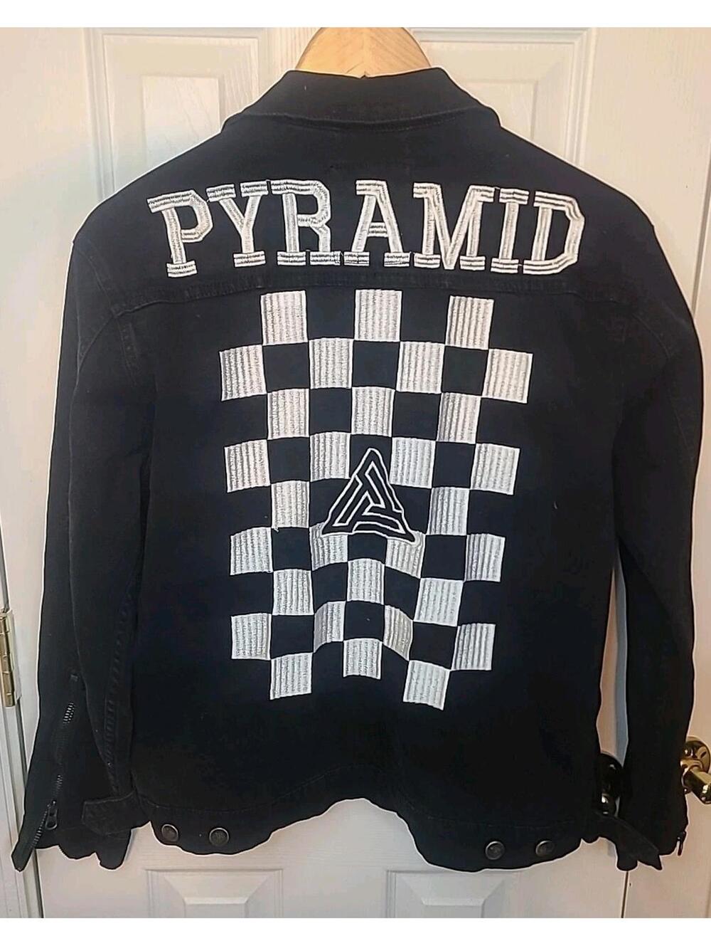 Black Pyramid Black Denim Jacket Biker Men's Size Med Button Front Embroidered
